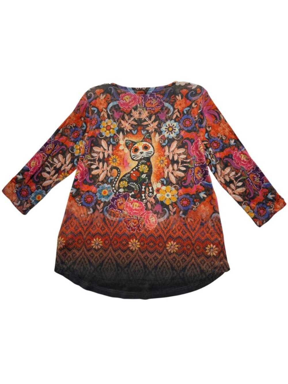 Energe Womens Sz Large Colorful Cat & Floral Print Long Sleeve Top Vibrant Boho - Picture 2 of 10